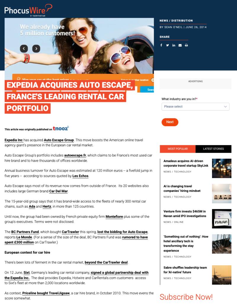 PhocusWire article: Expedia Acquires Auto Escape, France's Leading Rental Car Portfolio